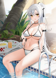 Rule 34 | 1girl, :o, azur lane, bikini, black choker, breasts, choker, collarbone, cup, detached sleeves, dot nose, drake (azur lane), drake (the golden hind&#039;s respite) (azur lane), drinking glass, food, highres, large breasts, looking at viewer, multi-strapped bikini, open mouth, plate, ponytail, pool, pool ladder, poolside, pulled by self, qing wu, see-through, see-through sleeves, sidelocks, sitting, skindentation, soaking feet, solo, strap pull, swimsuit, thighs, tree, water, wet, white bikini, white hair, yellow eyes
