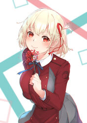Rule 34 | 1girl, absurdres, alian2020, blonde hair, blue ribbon, blush, breasts, chromatic aberration, closed mouth, collared shirt, commentary, dress, film grain, flower, grey dress, hair ribbon, highres, holding, holding flower, large breasts, long sleeves, looking at viewer, lycoris recoil, lycoris uniform, neck ribbon, nishikigi chisato, one side up, pleated dress, red dress, red eyes, red flower, red ribbon, ribbon, shirt, short hair, solo, spider lily, white shirt