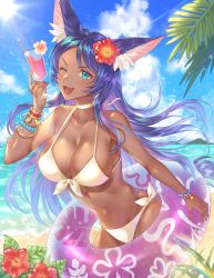 Rule 34 | &gt;:), 1girl, :3, animal ears, aqua eyes, arm up, armlet, bangle, beach, bikini, blue sky, blush, bracelet, breasts, cloud, collarbone, cowboy shot, cup, dark-skinned female, dark skin, day, drink, drinking glass, fang, fate/grand order, fate (series), floating hair, flower, front-tie bikini top, front-tie top, grass, hair flower, hair ornament, hibiscus, highres, holding, holding cup, holding swim ring, innertube, jewelry, large breasts, leaf, light particles, light purple hair, long hair, looking at viewer, makeup, multicolored hair, nail polish, navel, neck ring, one eye closed, open mouth, outdoors, palm tree, pink nails, purple hair, queen of sheba (fate), rainbow, red flower, shiny skin, side-tie bikini bottom, sidelocks, sky, smile, solo, stomach, sun, sunlight, swept bangs, swim ring, swimsuit, tree, two-tone hair, ubi (ekdus6080), water, water drop, white bikini