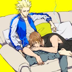 Rule 34 | 2boys, black tank top, blonde hair, blue jacket, blue pants, cigarette, couch, holding, holding cigarette, jacket, jewelry, crossed legs, light brown hair, lying, male focus, multiple boys, on lap, on stomach, one outs, pants, pillow, ring, sic77, smoke, smoking, spiked hair, takami itsuki, tank top, tokuchi toua, yaoi, yellow background