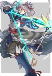 Rule 34 | 1boy, 6nutqd2kwd0iqcl, absurdres, aiming, arrow (projectile), bow (weapon), fire emblem, fire emblem fates, fujin yumi (fire emblem), grey hair, high ponytail, highres, holding, holding arrow, holding bow (weapon), holding weapon, japanese clothes, male focus, nintendo, takumi (fire emblem), weapon, white background, yumi (bow)