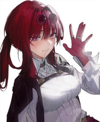 Rule 34 | 1girl, black jacket, blush, chest harness, eyewear on head, bad tag, gloves, harness, highres, honkai: star rail, honkai (series), jacket, jewelry, kafka (honkai: star rail), kangshi, long jacket, long sleeves, looking at viewer, multiple rings, perfection, pink gloves, portrait, purple eyes, purple gloves, purple hair, ring, round eyewear, shirt, simple background, smile, solo, sunglasses, white background, white shirt, white sleeves