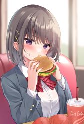 Rule 34 | 1girl, black hair, black jacket, blurry, blush, burger, collared shirt, commentary request, cup, disposable cup, drinking straw, eating, food, hair ornament, hairclip, hamico, highres, holding, holding food, jacket, long sleeves, looking at viewer, medium hair, necktie, original, purple eyes, red necktie, school uniform, shirt, sitting, solo, uniform, upper body, white shirt, window