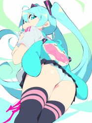 Rule 34 | 1girl, absurdres, aetherion, aqua eyes, aqua hair, ass, backpack, bag, bracelet, character bag, earrings, from below, hatsune miku, highres, jewelry, long hair, looking at viewer, looking back, panties, pantyshot, shirt, solo, standing, thighhighs, twintails, underwear, upskirt, vocaloid, wedgie, white shirt