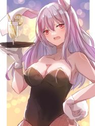 Rule 34 | 1girl, animal ears, aridamikannn, bare shoulders, breasts, cleavage, cup, drinking glass, fishnets, gloves, highres, holding, holding tray, leotard, long hair, open mouth, pantyhose, playboy bunny, rabbit ears, reisen udongein inaba, solo, tail, touhou, tray, white gloves