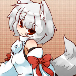 Rule 34 | &gt;:), 1girl, animal ears, bad id, bad pixiv id, bare shoulders, breasts, detached sleeves, inubashiri momiji, inunoko., looking at viewer, naughty face, pom pom (clothes), red eyes, short hair, silver hair, small breasts, smirk, solo, tail, touhou, tsurime, undershirt, wolf ears, wolf tail
