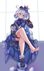 Rule 34 | 1girl, absurdres, ahoge, ascot, bare legs, black footwear, black gloves, blue ascot, blue eyes, blue hair, blue hat, blue jacket, blush, brooch, colored inner hair, commentary request, furina (genshin impact), genshin impact, gloves, grey hair, hand up, hat, highres, holding, holding clothes, holding footwear, jacket, jewelry, long hair, long sleeves, looking at viewer, multicolored hair, shoes, sitting, smile, socks, solo, streaked hair, thigh strap, thighs, top hat, very long hair, white gloves, white socks, whitecatcat