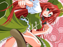 Rule 34 | 1girl, bow, braid, breasts, china dress, chinese clothes, clenched hands, covered erect nipples, dress, female focus, green eyes, hair bow, hat, hong meiling, immaterial and missing power, large breasts, long hair, open mouth, red hair, solo, star (symbol), touhou, twin braids, very long hair, yamu (reverse noise)