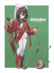 Rule 34 | 1girl, absurdres, arrow (projectile), bilibili xiaolu, black hair, bow (weapon), braid, closed mouth, english text, full body, green eyes, hair between eyes, highres, jacket, jewelry, long hair, long sleeves, looking at viewer, original, pointy footwear, quiver, red footwear, red jacket, ring, sash, simple background, single braid, solo, standing, thighhighs, weapon, white thighhighs