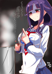 Rule 34 | 10s, 1girl, blood, breasts, hair tubes, kantai collection, knife, long hair, low twintails, neckerchief, pot, purple hair, red eyes, skirt, smile, smoke, solo, taigei (kancolle), tenken (gotannda), translation request, twintails, whale, yandere