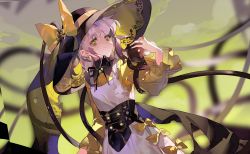 Rule 34 | 1girl, adapted costume, black corset, black hat, black ribbon, blush, bow, brooch, closed mouth, commentary, corset, dress, ear piercing, fingernails, gem, green eyes, green gemstone, grey hair, hand up, hat, hat bow, highres, jewelry, komeiji koishi, lips, long sleeves, looking at viewer, marurodo, medium hair, nail polish, neck ribbon, piercing, red nails, ribbon, shirt, smile, solo, third eye, touhou, upper body, white dress, wide sleeves, yellow bow, yellow shirt