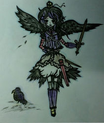 Rule 34 | 1girl, armor, beak, bird, crow, digimon, karatenmon, personification, solo, sword, weapon, wings
