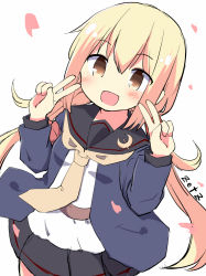 Rule 34 | 1girl, :d, artist name, black cardigan, black sailor collar, black skirt, blonde hair, blush, cardigan, double v, highres, kantai collection, long hair, long sleeves, low twintails, neckerchief, open mouth, pleated skirt, sailor collar, satsuki (kancolle), satsuki kai ni (kancolle), simple background, skirt, smile, solo, twintails, v, white background, yellow eyes, yellow neckerchief, zetz