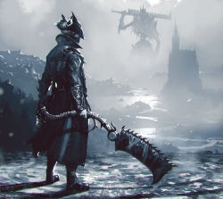 Rule 34 | 1boy, bloodborne, boots, castle, character request, commentary, crossover, dual wielding, english commentary, from behind, full body, giant, greyscale, gun, hat, high collar, highres, holding, huge weapon, hunter (bloodborne), kalmahul, long coat, mask, monochrome, mouth mask, saw, saw cleaver, solo focus, standing, sword, vambraces, weapon