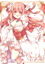 1girl, :d, bangs, blush, border, bow, breasts, bunny, cleavage, commentary request, corset, detached sleeves, dress, eyebrows visible through hair, feet out of frame, flower, frilled dress, frilled footwear, frilled sleeves, frills, hair flower, hair ornament, hair ribbon, highres, holding, holding clothes, holding dress, jewelry, kawachi (hina), leg up, long hair, looking at viewer, lunatic (ragnarok online), medium breasts, necklace, open mouth, pink bow, pink eyes, pink hair, ragnarok online, red bow, red ribbon, ribbon, sleeve bow, smile, wanderer (ragnarok online), white background, white dress, white footwear, white sleeves