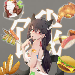 Rule 34 | 1girl, absurdres, ahoge, animal ears, arm under breasts, bell, bikini, black hair, black nails, bowl, breasts, burger, cat ears, cat girl, coupon, dm (dai miao), earrings, finger to mouth, food, food request, fried chicken, frilled bikini, frills, from side, hair bell, hair ornament, hand up, highres, jewelry, jingle bell, large breasts, long hair, looking at viewer, nail polish, original, red eyes, skewer, smile, solo, standing, sushi, swimsuit, tail, upper body, white bikini