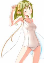 Rule 34 | 1girl, blush, daiyousei, fairy wings, green eyes, green hair, hair ornament, hair ribbon, looking at viewer, matching hair/eyes, one-piece swimsuit, one eye closed, pointy ears, pspmaru, ribbon, school swimsuit, short hair, side ponytail, simple background, smile, solo, swimsuit, touhou, white background, white school swimsuit, white one-piece swimsuit, wings