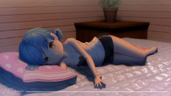 Rule 34 | 1girl, barefoot, bed, bedroom, black shorts, blue hair, brown eyes, camisole, feet, highres, indoors, legs, looking at viewer, low twintails, lying, on side, original, outstretched hand, pillow, plant, potted plant, print camisole, short hair, short shorts, short twintails, shorts, smile, solo, thighs, toes, twintails, white camisole, zet (globalgears)