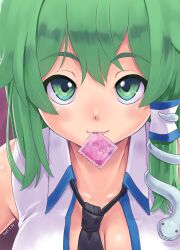 Rule 34 | 1girl, black necktie, blush, breasts, brown background, cleavage, closed mouth, collared shirt, commentary request, condom, condom wrapper, dated, green eyes, green hair, hair ornament, highres, kei jiei, kochiya sanae, large breasts, long hair, looking at viewer, necktie, shirt, single hair tube, single sidelock, sleeveless, sleeveless shirt, smile, snake hair ornament, solo, touhou, upper body, white shirt