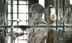 Rule 34 | 1boy, about me (vocaloid), chair, cigarette, desk lamp, glasses, grey theme, indoors, lamp, looking outside, original, rain, rocking chair, smoking, toi8, vocaloid, window