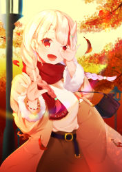 Rule 34 | 1girl, alternate costume, autumn leaves, bag, belt, black skirt, blurry, blush, bokeh, braid, breasts, brown coat, casual, coat, commentary, cowboy shot, day, depth of field, falling leaves, fang, fur-trimmed sleeves, fur trim, gradient hair, handbag, highres, hololive, horns, lamppost, leaf, long hair, looking at viewer, medium breasts, multicolored hair, nakiri ayame, open clothes, open coat, open mouth, outdoors, poyoyo (nakiri ayame), red eyes, red hair, red scarf, scarf, shirt, side braids, silver hair, skin-covered horns, skirt, smile, solo, streaked hair, sunlight, tree, twin braids, two-tone hair, virtual youtuber, white shirt, wristband, yutia