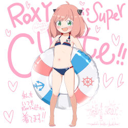 Rule 34 | 1girl, :d, absurdres, ahoge, anchor symbol, anya (spy x family), bare shoulders, barefoot, bikini, black bow, blue bikini, blush, bow, collarbone, commentary request, english text, flat chest, full body, green eyes, halterneck, heart, highres, innertube, mayafufu, navel, open mouth, pink hair, simple background, smile, solo, spy x family, standing, swim ring, swimsuit, teeth, translation request, upper teeth only, white background