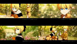 Rule 34 | 1boy, 1girl, 4koma, aku no meshitsukai (vocaloid), allen avadonia, black bow, blonde hair, blue eyes, blurry, blurry background, bouquet, bow, brother and sister, choker, comic, ascot, depth of field, evillious nendaiki, flower, garden, hair bow, highres, holding, holding flower, juliet sleeves, kagamine len, kagamine rin, leaning forward, long sleeves, looking away, lyrics, nervous, puffy sleeves, riliane lucifen d&#039;autriche, rose, senka shion, short ponytail, siblings, sweat, nervous sweating, twins, updo, vocaloid, wide sleeves, yellow flower, yellow rose