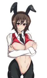 Rule 34 | 1girl, animal ears, bandaid, bandaid on pussy, berumina, blush, breasts, brown eyes, brown hair, covering privates, covering breasts, crossed arms, fake animal ears, girls und panzer, highres, large breasts, looking at viewer, meme attire, navel, necktie, nishizumi maho, rabbit ears, reverse bunnysuit, reverse outfit, short hair, solo, white background