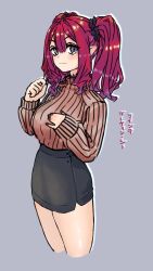 Rule 34 | 1girl, baobhan sith (fate), black skirt, blush, breasts, brown sweater, cropped legs, fate/grand order, fate (series), grey background, grey eyes, hand on own chest, hand up, highres, looking at viewer, niwaikanai, pointy ears, red hair, sidelocks, skirt, solo, sweater, twintails