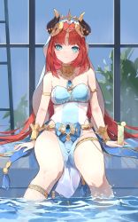 Rule 34 | 1girl, absurdres, alternate costume, arm support, armlet, bare shoulders, blue eyes, blue gemstone, blue nails, blush, breasts, closed mouth, commentary, covered navel, forehead jewel, gem, genshin impact, glass, gong cha, groin, highres, horns, jewelry, long hair, mole, mole on breast, nail polish, neck ring, nilou (genshin impact), no panties, one-piece swimsuit, parted bangs, pelvic curtain, plant, red hair, revision, sitting, small breasts, soaking feet, solo, swimsuit, thighlet, thighs, tropical drink, vambraces, veil, vision (genshin impact), white headdress, window