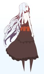 Rule 34 | 1girl, albino, aneacard cinnabari (oi+), back, bare shoulders, belt, dress, long hair, looking at viewer, mikoto (oi plus), original, red eyes, simple background, skirt, solo, utility belt, very long hair, white background, white hair