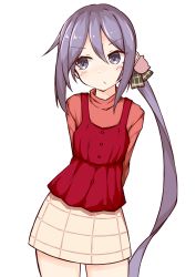 Rule 34 | 1girl, absurdres, akebono (kancolle), blush, brown skirt, cat hair ornament, closed mouth, commentary request, hair between eyes, hair ornament, highres, ichi (ichi.colors), kantai collection, long hair, looking away, looking to the side, orange shirt, purple eyes, purple hair, red vest, shirt, side ponytail, sidelocks, simple background, skirt, solo, very long hair, vest, white background