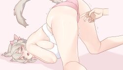 Rule 34 | 1girl, 1other, all fours, animal ears, blue eyes, bow, breasts, brown hair, cat ears, cat girl, cat tail, deathalice, final fantasy, final fantasy xiv, fingernails, hair bow, highres, large breasts, miqo&#039;te, open mouth, pink background, pink bow, short hair, simple background, tail