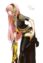 Rule 34 | 1girl, armband, black thighhighs, blue eyes, blush, boots, unworn boots, cross-laced footwear, dated, detached sleeves, female focus, headset, hisa wan, lace-up boots, long hair, megurine luka, midriff, navel, pink hair, see-through, shoes, unworn shoes, solo, thighhighs, vocaloid, zettai ryouiki