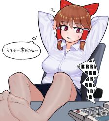 Rule 34 | 1girl, alternate costume, anger vein, arms behind head, arms up, bad id, bad twitter id, black skirt, blouse, bow, breasts, brown hair, brown pantyhose, collared shirt, commentary request, cookie (touhou), desk, feet, frilled hair tubes, frills, full body, hair bow, hair tubes, hakurei reimu, highres, large breasts, looking at phone, looking down, no shoes, office lady, ohasi, open mouth, pantyhose, pencil skirt, phone, red bow, red eyes, reu (cookie), see-through, see-through legwear, shirt, short hair, sidelocks, simple background, skirt, solo, touhou, translated, white background, white shirt