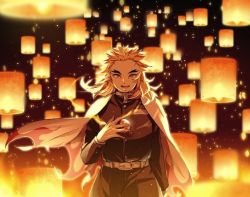 Rule 34 | 1boy, arm at side, belt, black pants, blonde hair, blurry, cape, colored tips, cowboy shot, demon slayer uniform, depth of field, dissolving, fire, flame print, floating cape, floating clothes, floating hair, forked eyebrows, hand on own chest, hand up, kimetsu no yaiba, lantern, long hair, long sleeves, looking at viewer, male focus, multicolored hair, night, orb, pants, paper lantern, po (poppa-pict), print cape, red hair, rengoku kyoujurou, sky lantern, solo, straight-on, streaked hair, white cape