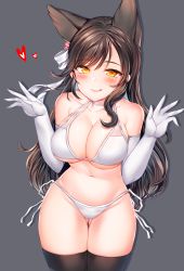 Rule 34 | 1girl, :q, absurdres, alternate costume, animal ears, atago (azur lane), atago (summer march) (azur lane), azur lane, between legs, bikini, black hair, black thighhighs, blush, breasts, brown eyes, cleavage, closed mouth, cowboy shot, elbow gloves, extra ears, gloves, gluteal fold, grey background, groin, hair ornament, hair ribbon, half-closed eyes, hands up, highres, large breasts, long hair, looking at viewer, mole, mole under eye, navel, ribbon, side-tie bikini bottom, simple background, skindentation, smile, solo, stomach, swept bangs, swimsuit, tareme, thighhighs, thighs, tongue, tongue out, very long hair, white bikini, white gloves, white thighhighs, zerocat