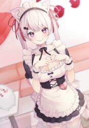 Rule 34 | 1girl, animal ear fluff, animal ears, apron, black corset, black ribbon, blush, breasts, cat ears, cleavage, corset, hair ornament, hair ribbon, hairclip, heart, heart hands, highres, ko me 9, large breasts, long hair, looking at viewer, maid, maid apron, maid headdress, nijisanji, pink hair, red eyes, red ribbon, ribbon, shiina yuika, shiina yuika (5th costume), smile, solo, thighhighs, twintails, very long hair, virtual youtuber, white hair, white thighhighs