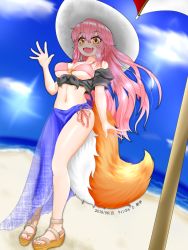 Rule 34 | 1girl, beach, bikini, blue sky, blush, breasts, cleavage, commentary, commentary request, day, fang, fate/extra, fate (series), fox girl, fox tail, hat, large breasts, long hair, looking at viewer, nail polish, navel, o-ring, o-ring bikini, o-ring top, ocean, open mouth, outdoors, pink bikini, pink hair, sarong, side-tie bikini bottom, sky, solo, sun hat, swimsuit, tail, tamamo (fate), water, winsankemonodou, yellow eyes