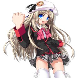 Rule 34 | 1girl, beret, blonde hair, blue eyes, blush, bow, buttons, cape, fang, fangs, hat, large buttons, little busters!, long hair, noumi kudryavka, open mouth, pink bow, plaid, plaid skirt, ribbon, rindou, rindou (awoshakushi), school uniform, silver hair, skirt, solo, thighhighs