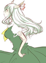 Rule 34 | 1girl, ascot, bad id, bad pixiv id, bow, dress, ex-keine, female focus, from side, green dress, horn bow, horn ornament, kamishirasawa keine, kanna (grapejery), long hair, profile, silver hair, simple background, sketch, solo, touhou, very long hair, white background