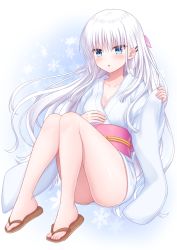 Rule 34 | 1girl, :o, blue eyes, blush, breasts, brown footwear, cleavage, collarbone, commentary request, full body, hair ornament, hairclip, hands up, highres, japanese clothes, kimono, knees up, long hair, long sleeves, looking at viewer, medium breasts, nakamura hinato, naruse shiroha, obi, parted lips, pinching sleeves, sandals, sash, short kimono, sitting, sleeves past wrists, solo, summer pockets, very long hair, white hair, white kimono, wide sleeves, zouri