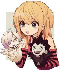 Rule 34 | 1girl, 2others, :d, amane misa, belt collar, blonde hair, blush stickers, collar, death note, demon, detached sleeves, earrings, green eyes, hand puppet, heart, heart earrings, jewelry, ka (marukogedago), multiple others, open mouth, puppet, rem (death note), ryuk, shinigami, smile, two side up