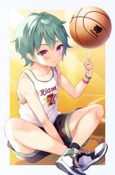 Rule 34 | 1boy, ball, bare arms, basketball, basketball (object), basketball jersey, basketball uniform, commentary, commentary request, green hair, highres, holding, holding ball, looking at viewer, male focus, nanohana kohina, orb, original, playing sports, purple eyes, shoes, short hair, shorts, simple background, smirk, sneakers, solo, sportswear, symbol-only commentary
