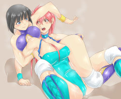Rule 34 | 2girls, black hair, blue eyes, blush, bob cut, boots, breasts, cleavage, cleavage cutout, clothing cutout, knee pads, leotard, lips, long hair, mighty yukiko, minami toshimi, multiple girls, open mouth, pink hair, purple eyes, short hair, simple background, spread legs, sweat, tomjpn, wrestle angels, wrestle angels survivor, wrestling, wrestling outfit, wristband