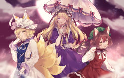 Rule 34 | 3girls, :d, ;), absurdres, animal ears, animal hat, blonde hair, bow, brown hair, cat ears, cat tail, chen, commentary request, dress, earrings, fang, fox tail, frilled skirt, frills, gloves, hair bow, hat, highres, jewelry, long dress, long hair, long sleeves, mob cap, multiple girls, multiple tails, ofuda, one eye closed, open mouth, parasol, mob cap, puffy short sleeves, puffy sleeves, purple dress, purple eyes, shirt, short hair, short sleeves, skin fang, skirt, smile, tabard, tail, touhou, touhou calamity, two tails, umbrella, umbrella bow, vest, white shirt, yakumo ran, yakumo yukari, yellow eyes, youtan