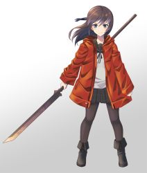 Rule 34 | 1girl, aroha j, black footwear, black pantyhose, black sailor collar, blue eyes, boots, brown hair, clenched hand, coat, expressionless, full body, furrowed brow, gradient background, grey background, hair between eyes, hair blowing, hair ribbon, holding, holding polearm, holding spear, holding weapon, legs apart, looking at viewer, medium hair, miniskirt, neck ribbon, open clothes, open coat, original, pantyhose, plaid, plaid skirt, pleated skirt, polearm, red coat, ribbon, sailor collar, school uniform, serafuku, shirt, skirt, sleeves past wrists, solo, spear, standing, weapon, white shirt, winter clothes, winter coat