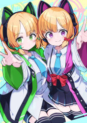 Rule 34 | &gt;:), 2girls, animal ear headphones, animal ears, black shorts, black skirt, black thighhighs, blonde hair, blue archive, blue necktie, blush, bow, cat ear headphones, commentary request, fake animal ears, feet out of frame, frilled skirt, frills, green eyes, hair bow, halo, headphones, highres, jacket, looking at viewer, midori (blue archive), momoi (blue archive), multicolored clothes, multicolored jacket, multiple girls, necktie, omochishiki, open clothes, open jacket, outstretched arm, parted bangs, pleated skirt, purple eyes, red bow, school uniform, shirt, shorts, siblings, sidelocks, sisters, skirt, smile, thighhighs, twins, v-shaped eyebrows, w, white shirt