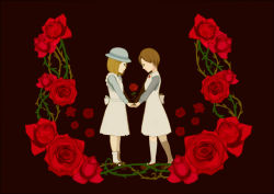 Rule 34 | 2girls, aoi tsuki makoto, blonde hair, blue dress, bob cut, brooch, child, cloche hat, dress, eye contact, flower, grey dress, hair ornament, hairpin, holding hands, hat, jennifer (rule of rose), jewelry, looking at another, mary janes, multiple girls, red rose, rose, rule of rose, shoes, short hair, wendy (rule of rose), aged down, yuri