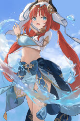 Rule 34 | 1girl, aqua eyes, arm up, blue bow, blue gemstone, blue skirt, blue sky, blush, bow, bracer, circlet, cloud, crop top, dancer, fake horns, gem, genshin impact, gold trim, hand up, harem outfit, highres, horns, jewelry, long hair, long sleeves, looking at viewer, low twintails, midriff, neck ring, nilou (genshin impact), open mouth, parted bangs, ponzu pon9, puffy long sleeves, puffy sleeves, red hair, skirt, sky, solo, tassel, thighs, twintails, veil, very long hair, water, white headwear